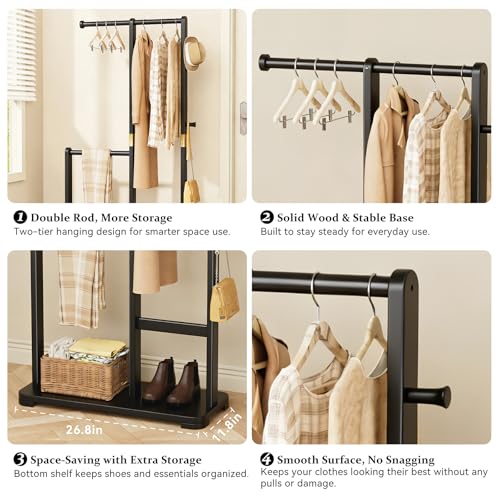 Solid Wood Coat Rack, Freestanding Standing Clothes Rack with Double Hanging Rods for Coats, Jackets, Wooden Coat Tree Garment Rack for Bedroom Entryway Hallway, Space Saving Small Coat Rack - color: Black