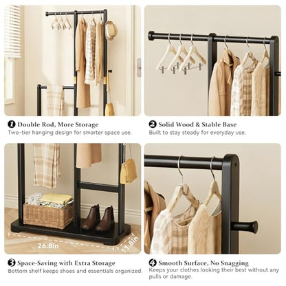 Solid Wood Coat Rack, Freestanding Standing Clothes Rack with Double Hanging Rods for Coats, Jackets, Wooden Coat Tree Garment Rack for Bedroom Entryway Hallway, Space Saving Small Coat Rack - color: Black