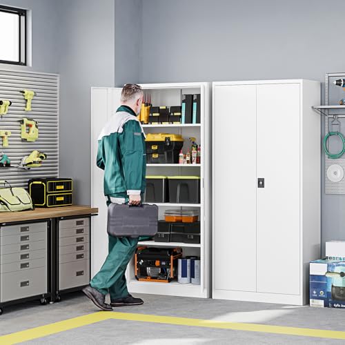 Metal Garage Storage Cabinets with Lock Door and Adjustable Shelves, Steel Tool Cabinets for Home,Office,Warehouse Organisieren (White, 71" H) - color: White, size: 16"D x 32"W x 71"H