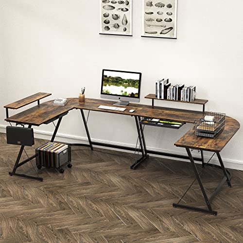 SHW 51 x 51 L-Shaped Corner Desk w/Monitor Stand and Drawer, Rustic Brown | Drawer with adjustable compartments - color: Rustic Brown