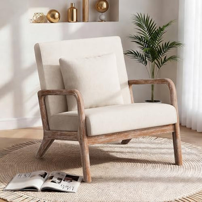 Mid Century Accent Chair with Solid Oak Frame Set of 2, Beige | Upholstered Lumbar Pillow Lounge Chair Linen Fabric Cozy Leisure Chair Walnut Living Room Chair for Bedroom Waiting Room - color: Weathered Oak - Beige Fabric, style: 2 PCS