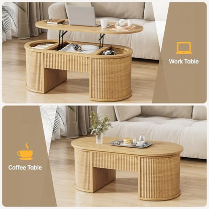 47.2" Oval Fluted Lift Top Coffee Table with Hidden Compartment, Natural | Lifting Tabletop,Timeless Fluted Wood Aesthetic,Spacious Hidden Storage,Supporting up to 150 lbs - color: Natural