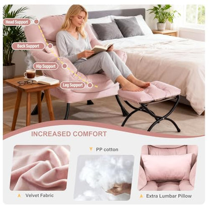 Lazy Chair with Ottoman, Velvet Reading Chair with Pillow，Pink | Comfy Accent Lounge Chair with Pillow & folding Foot Stool, sturdy metal frame for bedroom, dorm or apartment, Living Room - color: Pure Pink