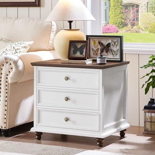 Joaxswe 24" Wide Farmhouse Night Stand,Large End Table with 3 Drawers & Metal Handle,White Wood Dresser for Bedroom Cabinet, Bed Side Tabl·e Chest of Drawers,Nightstand for Living Room - color: White, size: 24"W (3 Drawers)