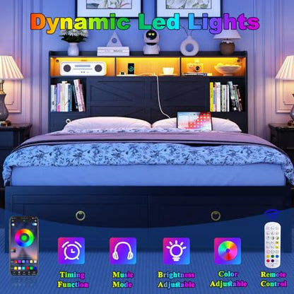 Queen Bed Frame with Storage Headboard, Farmhouse Platform Bed Frame with Bookshelf, Drawers, LED Lights and Charging Station, Metal Slats Support, Noise Free, No Box Spring Needed, Black - size: Queen