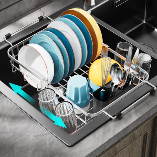Small in Sink Dish Drying Rack - Expandable Stainless Steel Compact Over The Sink Dish Drainer with Utensil Holder for RV Kitchen Apartment, Silver - color: Silver, size: 11.2"W | Fits Inner Sink 11.2"-18.5"L