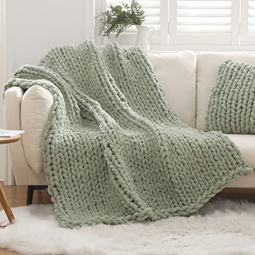 WESHIONGOO Chunky Knit Blanket for Couch 51"×63" Sage Green | 100% Handmade Knitted Throw blankets for Bed Fluffy Soft Blanket With Jumbo Chenille Yarn Thick - color: Sage Green, size: 51"x63"(Large Size Throw)