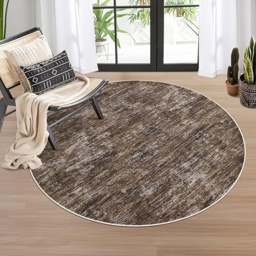 3x3 Round Area Rug Small Washable Circle Rug Non Slip Stain Resistant Entry Mat Modern Solid Color Round Living Room Carpet Low Pile Soft Bedroom Mat Neutral Rug for Bedside Nursery, Brown - color: Brown, size: 3' (Round)