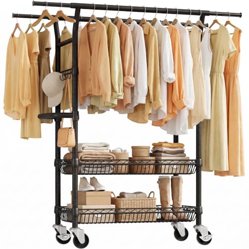 SOLEDI Heavy-Duty Clothes Rack, 1000 LBS clothing rack with wheels Load Capacity Double Rod Clothing Rack with Shelves & Lockable Wheels, Suitable for Bedroom, Entryway, Living Room & Garage (black) - color: Black