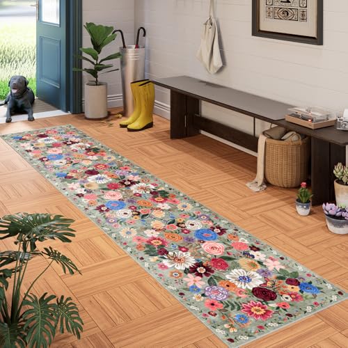 Floral Hallway Runner 2x10 Green Carpet Kitchen Rug | Ultra-Thin Soft for Hallways, Kitchen Mat Stain Resistant for Entryway Bathroom - color: Green, size: 2' x 10' (Rectangular)