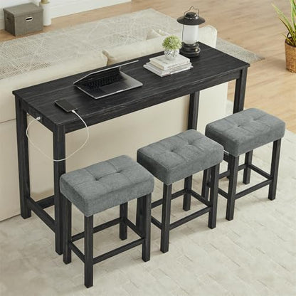 59" Industrial 4 Piece Bar Table Set with Built-in Power Outlet, Behind Couch Sofa Table with 3 Linen Upholstered Stools, Bar Table and Chairs Set for Living Room, Dining Room, Lounge, Black - color: R2-black