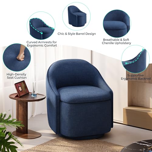 LINSY Swivel Accent Chair with Storage Comfy Chenille Barrel Chairs, Small 360 Swivel Modern Armchair for Living Room Bedroom, Boucle Reading Chair for Study Room (Blue) - color: Blue