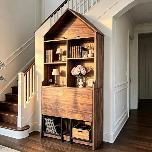 Folding A-Frame Bookshelf Narrow Bookcase with Hideaway Craft Desk Walnut | Convertible Hideaway Desk to Bookshelf for Small Spaces, Multifunctional Craft Table & Vanity - color: Natural Walnut