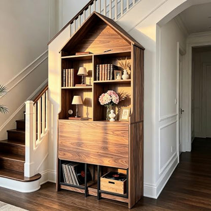 Folding A-Frame Bookshelf Narrow Bookcase with Hideaway Craft Desk Walnut | Convertible Hideaway Desk to Bookshelf for Small Spaces, Multifunctional Craft Table & Vanity - color: Natural Walnut