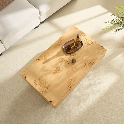 43.31" Rectangle Coffee Table with Burl Wood Veneer & Sturdy Base, Modern Luxury Wood Drum Center Table End Table Accent Side Table for Living Room, Minimalist Fluted Design, Oak - color: 43.31" Rectangle Style 2, Burl Wood Veneer