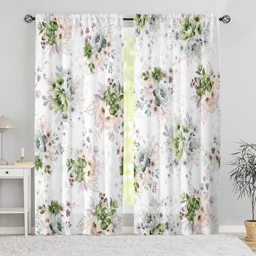 Floral Curtains 84 Inches Long for Living Room 2 Panels,Green Flower Vintage Farmhouse Curtains Semi Sheer Light Filtering Pink Curtain for Bedroom,Rod Pocket Drapes Boho Curtain Room Decor - color: Green Floral, size: 52"W x 84"L (Pack of 2)