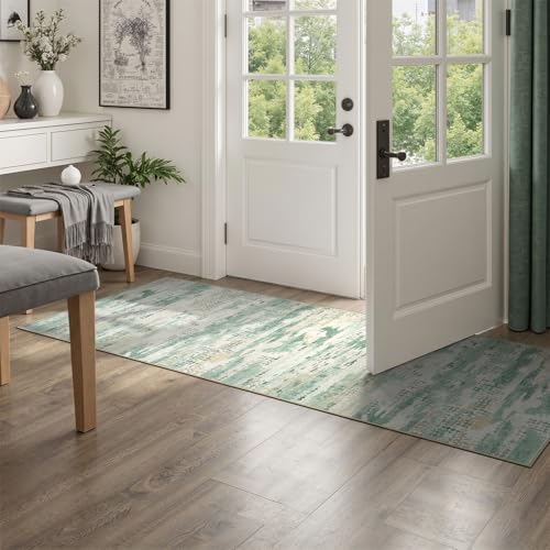 DCX Washable Abstract Area Rug 2x8, Non Slip Low Pile Rug, Sage Green | Easy to clean, non-shedding, soft, kid & pet friendly, with a non-slip rubber backing for living rooms, bedrooms, and offices - color: Green & White, size: 2' x 8'