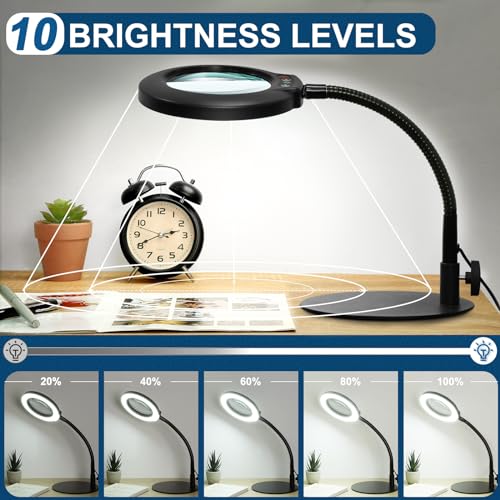 IVMAIE 12X Magnifying Glass with Light, Real Glass Lens, 5 Color Mode | Flexible Gooseneck Magnifier with Stand, LED Lighted Dimmable Desk Lamp Hands Free for Crafts Painting Reading Close Work - color: Black
