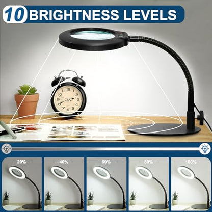 IVMAIE 12X Magnifying Glass with Light, Real Glass Lens, 5 Color Mode | Flexible Gooseneck Magnifier with Stand, LED Lighted Dimmable Desk Lamp Hands Free for Crafts Painting Reading Close Work - color: Black