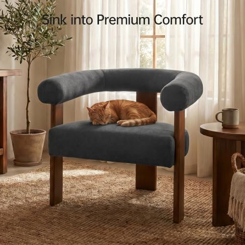 VKNOW Barrel Accent Chairs Set of 2 with Armrests and Walnut Wood Legs | Mid Century Modern Upholstered Living Room Chairs with Open Back, Faux Mohair Fabric, for Living Room, Bedroom, Charcoal - color: Charcoal(walnut Legs), size: Set of 2