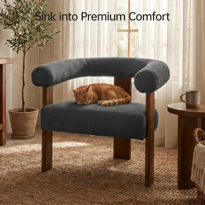 VKNOW Barrel Accent Chairs Set of 2 with Armrests and Walnut Wood Legs | Mid Century Modern Upholstered Living Room Chairs with Open Back, Faux Mohair Fabric, for Living Room, Bedroom, Charcoal - color: Charcoal(walnut Legs), size: Set of 2
