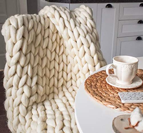 Chunky Knit Blanket Hand Made Merino Wool Throw Boho Bedroom Sofa Home Decor Giant Yarn(Ivory White 40"x40") - color: Ivory White, size: 40 x 40 in