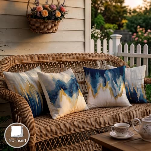 OBSEDE Blue Gold Abstract Art Modern Throw Pillow Covers 18 x 18 Set of 4 | Faux Linen Texture, Decorative Cushion Cases, Living Room Sofa Bed Ornament, Aesthetic Home Decor, Housewarming Gift Idea - color: Blue and Gold Abstract Art, size: 18" x 18" (Pac