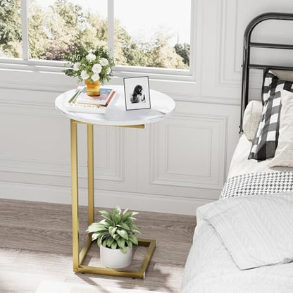 C Shaped End Table, Oval Couch Side Tables for Living Room, Sofa End Table with Metal Frame, Small Wooden Snack Table for Bedroom, Small Spaces, Easy Assembly, Gold - color: White Marble+gold