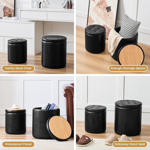 oakvivo Round Ottoman with Storage Set of 2, 12.6" W x 14.17" H & 14.76" W x 17.32" H Faux Footstool Storage Ottomans for Bedroom, Living Room Padded Coffee Table Ottomen, Black - color: Black