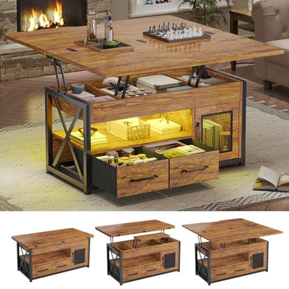 Itaar 40" Lift Top Coffee Table with Storage for Living Room, 4 in 1 Table | Rustic Brown LED Expandable Coffee Table with 2 Fabric Drawers & LED Light & Hidden Compartmen for Dining Living Room Table - color: Rustic Brown