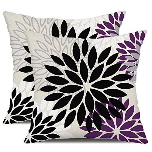 DFXSZ Outdoor Waterproof Pillow Covers 16x16 Set of 2 Black Purple Flower | Spring Summer Waterproof Flower Throw Pillowcases（No Inserts）Outdoor Decor for Patio Funiture Garden Polyester Covers - color: Black Purple, size: 16" x 16" (Pack of 2)