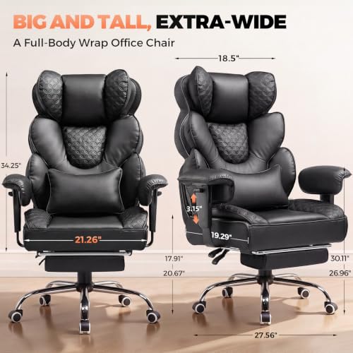 COMHOMA Big and Tall Office Chair with Upgrade Footrest, Heavy Duty Gaming Chair High Back Executive Chair with Spring Lumbar Support for Lower Back Pain Relief, 150°Reclining Adjustable Armrests - color: Black