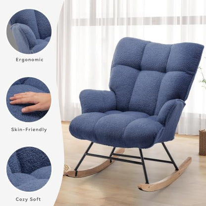 Rocking Chair Nursery Teddy Upholstered Glider Rocker Rocking Accent Chair Padded Seat with High Backrest Armchair Comfy Side Chair for Living Room Bedroom Offices (Darkblue Teddy) - color: Darkblue