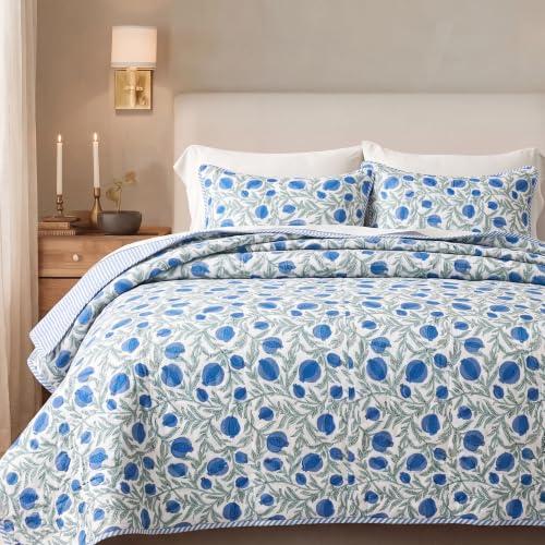 Block Print Reversible Cozy Quilt Queen Blue Twin 60" X 90" Lightweight Blanket for Sofa, Couch, Bed Soft Breathable Comforter Handmade Bedspread Duvet for Farmhouse, Home, Winter - color: Queen Blue, size: Twin 60" X 90"