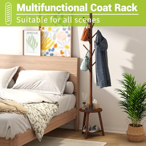 BMOSU Coat Rack freestanding Stand with 2 Shelves Bamboo Wooden Coat Tree Easy Assembly 8 Hooks Standing Jackets Hanger Hallway Office Floor Coat Stand Brown - color: BROWN
