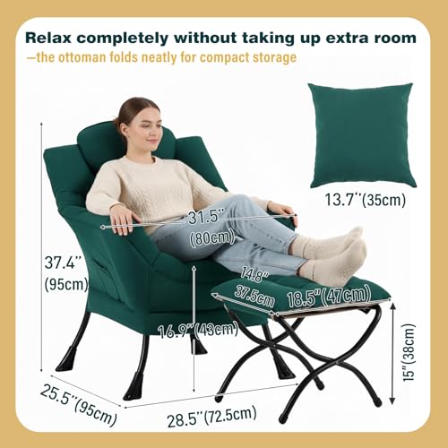 Lazy Chair with Ottoman, Comfy Reading Chair for Bedroom, Green | Comfy Bedroom Accent Chair with Washable Removable Cover and extra throw pillow for Living Room Dorm - color: Peach Dark Green-1