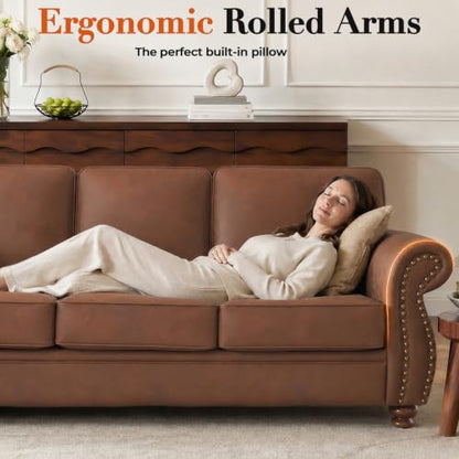 88" W Living Room Furniture Sets, 3-Seater&Loveseat&Single, Rust | Faux Leather Fabric Sofa and Couch Sets, Mid-Century Sofa Set with Nailhead Trim - color: Caramel Rust, size: L-6 seat