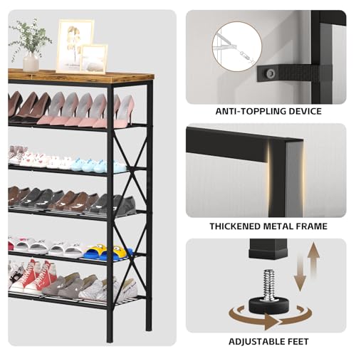 6 Tiers Metal Shoe Rack，Large Capacity Shoe Rack Holds 24 Pairs of Shoes, Durable and Stable, Adjustable Metal Shelf Stackable Shoe Shelf for Entryway, Hallway, Living Room, Closet - color: Rustic Brown, size: 27.8" x 10.8" x 39.2"