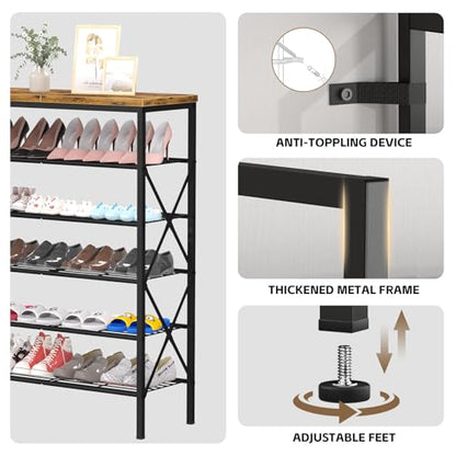 6 Tiers Metal Shoe Rack，Large Capacity Shoe Rack Holds 24 Pairs of Shoes, Durable and Stable, Adjustable Metal Shelf Stackable Shoe Shelf for Entryway, Hallway, Living Room, Closet - color: Rustic Brown, size: 27.8" x 10.8" x 39.2"