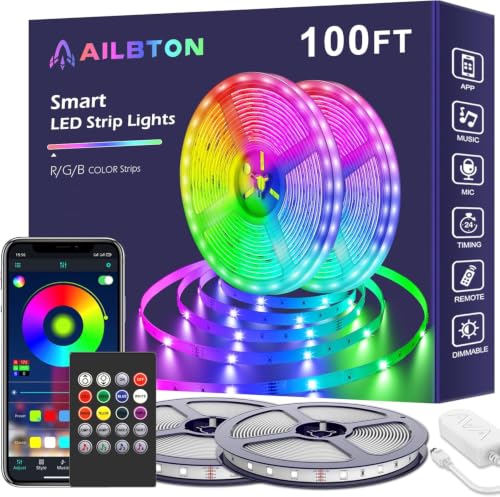 AILBTON Led Lights for Bedroom,100ft Led Light Strip Music Sync RGB Led Strip Lights Built-in Mic,Bluetooth App Control Led Room Lights with Remote,5050 RGB Rope Light - size: 100FT