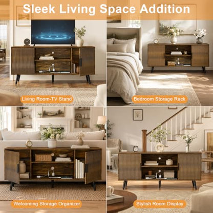 Lightdot 55" Amber Small TV Stand for TVs Up to 65" with Power Outlet | Mid-Century Modern Media Console with Fluted Side Cabinets & 2 Storage Shelves for Living Room Bedroom Entrance - color: Amber/55"