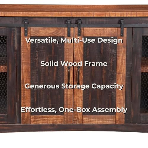 Martin Svensson Home Rustic 65" Wood Entertainment Center, Black and Honey | Solid Pine, TV Stand, Sliding Doors, Adjustable Shelves & Cable Management, for TVs up to 70" - color: Antique Black and Aged Distressed Pine