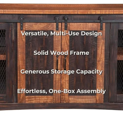 Martin Svensson Home Rustic 65" Wood Entertainment Center, Black and Honey | Solid Pine, TV Stand, Sliding Doors, Adjustable Shelves & Cable Management, for TVs up to 70" - color: Antique Black and Aged Distressed Pine