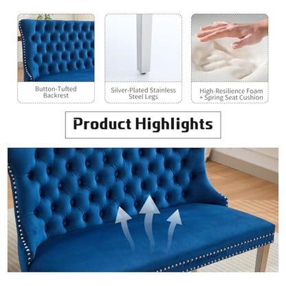 Blue Velvet Dining Bench with Back, Tufted Banquette Seating, Silver Legs | Upholstered loveseat bench; tufted back; nailhead trim; 500 lb capacity; foam and spring seat; dining room or entryway - color: Blue(silver Stainless Steel Legs)