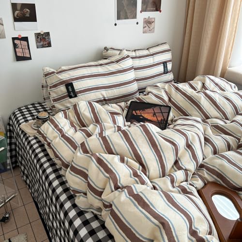 Striped Duvet Cover Twin Size Brown Blue Stripes Bedding Set Retro Striped Geometric Pattern Duvet Cover Set Soft Lightweight Microfiber Quilt Cover with Zipper Closure and 1 Pillowcase - color: Brown Blue Striped, size: Twin (1 Duvet Cover + 1 Pillowcase
