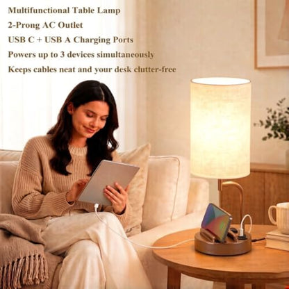 Dreamholder Touch Control USB Table Lamp with USB C/A & AC Outlet, 3-Way Dimmable Bedside Lamp, Modern Nightstand Lamps for Bedroom Living Room Guest Room Office, Bulb Included, Brown - color: Brown