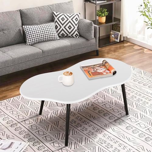 Small Coffee Table Cloud Shaped Irregular Center Table for Living Room Unique White Wood Grain Top Floor Table for Small Space Apartment - color: White