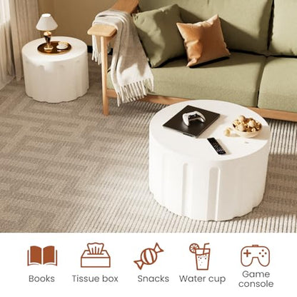 Round Nesting Coffee Table Set of 2 Modern Wood Circle Coffee Table (White) | Fluted Coffee And End Table Set Drum Accent Table for Living Room Small Apartment No Assembly Required - color: White