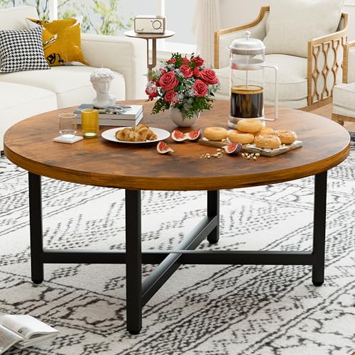Round Coffee Table, 31.5" Brown Coffee Table, Coffee Tables for Living Room | Circle Wooden Coffee Table, Large Modern Center Table with Metal Frame for Office Apartment Home Small Space - color: 31.5"d Round Brown
