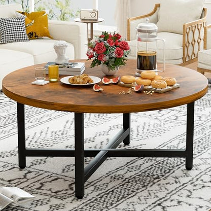Round Coffee Table, 31.5" Brown Coffee Table, Coffee Tables for Living Room | Circle Wooden Coffee Table, Large Modern Center Table with Metal Frame for Office Apartment Home Small Space - color: 31.5"d Round Brown